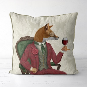 Fox Pillow Cover - Cute & Quirky Fox Drinking Wine, perfect Fox gift for Wine Lovers, Handmade Decorative Cushion cover with woodland animal