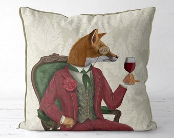 Fox Pillow Cover - Cute & Quirky Fox Drinking Wine, perfect Fox gift for Wine Lovers, Handmade Decorative Cushion cover with woodland animal