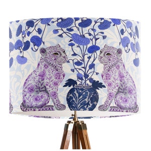 Chinoiserie Leopards on Cream Lamp Shade - Blue White and Pink chinese style lamp shade, tropical asian decor, blue and white hamptons style