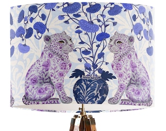 Chinoiserie Leopards on Cream Lamp Shade - Blue White and Pink chinese style lamp shade, tropical asian decor, blue and white hamptons style