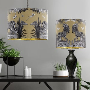 Gold Tropical Zebra Lamp Shade Jungle design table or pendant lamp shade. gold metallic lining, luxury designer fabric lampshade handmade image 4