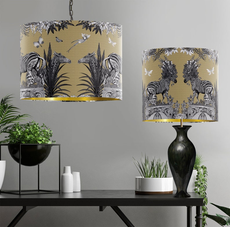 Gold Tropical Zebra Lamp Shade Jungle design table or pendant lamp shade. gold metallic lining, luxury designer fabric lampshade handmade image 4