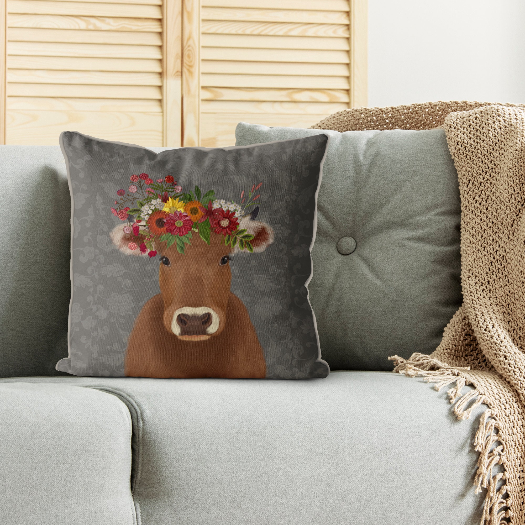 Brown Cow Pillow Cover Bohemian Cow cushion Boho farmhouse Etsy