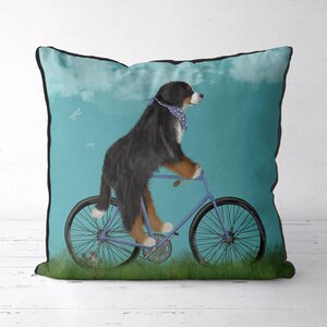 Funda de almohada con perro de montaña bernés, funda de cojín con perro bernés en bicicleta