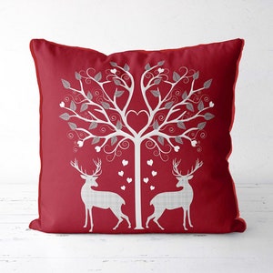 Christmas pillow Nordic style Deer Cushion cover Scandinavian style deer pillow Deer Heart Tree Grey On Red scandinavian decor xmas cushion image 1