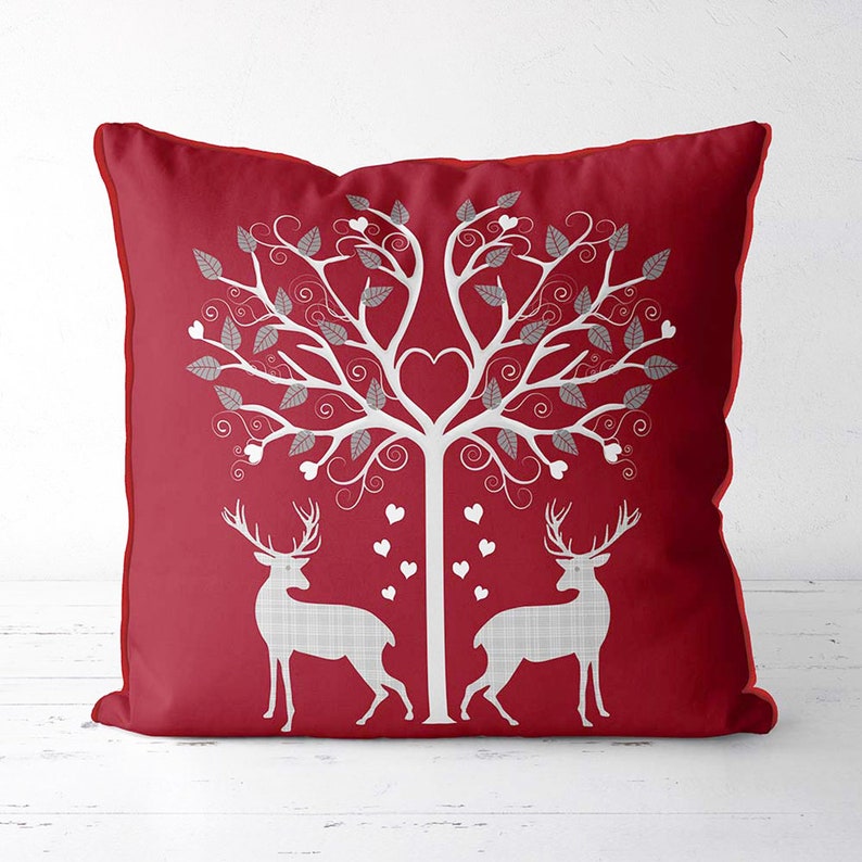 Christmas pillow Nordic style Deer Cushion cover Scandinavian style deer pillow Deer Heart Tree Grey On Red scandinavian decor xmas cushion image 1