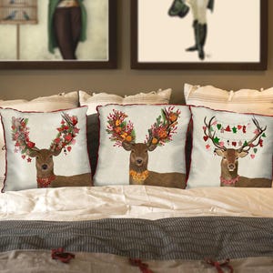 Funda de almohada de ciervo - Homespun Wreath Ciervo navideño Decoración navideña Decoración navideña Funda de almohada navideña Cojín navideño Decoración de ciervo Decoración de ciervo imagen 2