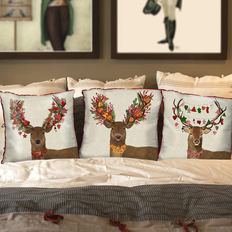 Funda de almohada de ciervo - Homespun Wreath Ciervo navideño Decoración navideña Decoración navideña Funda de almohada navideña Cojín navideño Decoración de ciervo Decoración de ciervo imagen 2