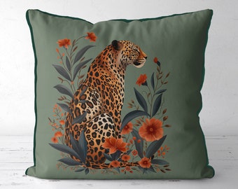 Leopard Pillow Cover on Dark Green, handmade cushion cover with leopard surrounded by exotic leaves and orange flowers, chic tropical decor