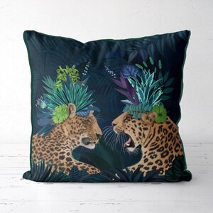 Blue maximalist leopard pillow cover, whimsical floral throw cushion