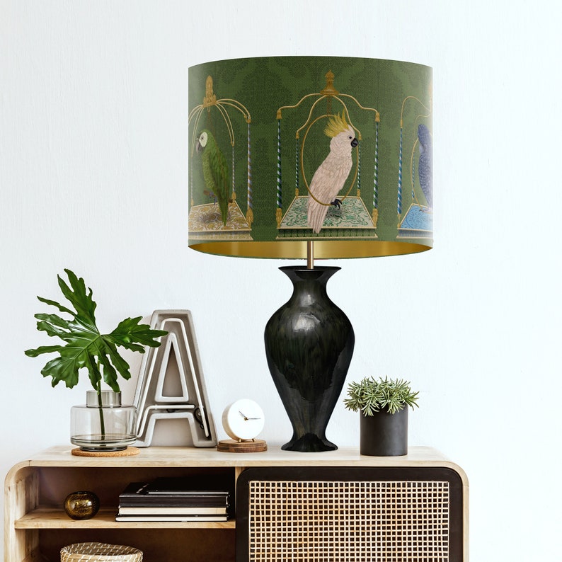 Parrot Swing Lamp shade on Verdant Green Large lamp shade with gold lining, lampshade for table lamp pendant lamp shade for ceiling image 4