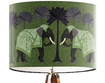 Green Elephant Lampshade with Palm Trees Handmade Safari Inspired Decor for Eclectic Home Lighting Tropical theme decoration drum lamp shade