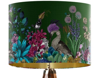 Glorious Plumes Bird Lampshade, Green - Large lamp shade with gold lining, beautiful lampshade for table lamp or pendant Designer lamp shade