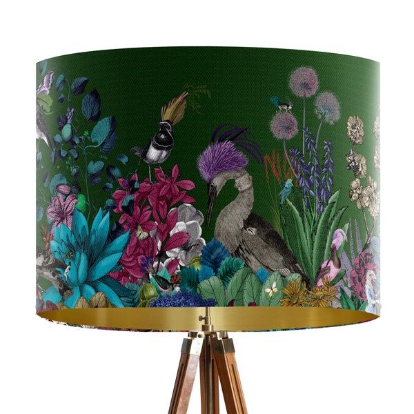 Glorious Plumes Bird Lampshade, Green - Large lamp shade with gold lining, beautiful lampshade for table lamp or pendant Designer lamp shade