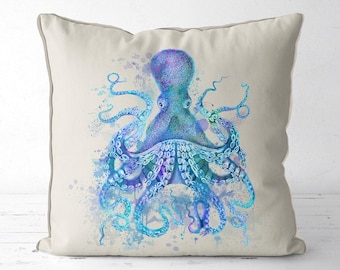 Federa per cuscino con motivo a polpo blu, federa per cuscino in stile nautico con acquerello, decorazione per casa sulla spiaggia, stile di vita boho in stile costiero, copriletto a tema sottomarino