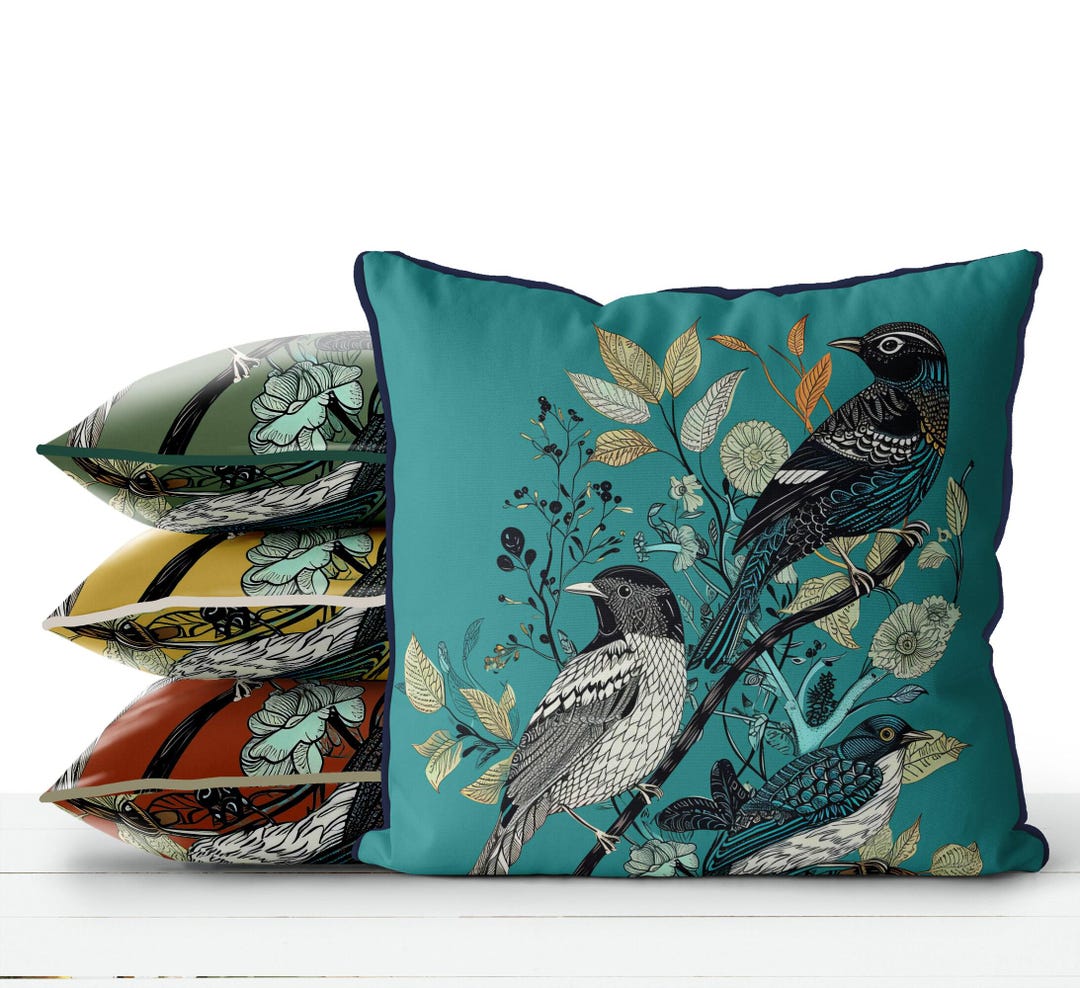 Teal Pillow Cover, Bird Fabric Cushion Cover in Turquoise Blue, Modern ...