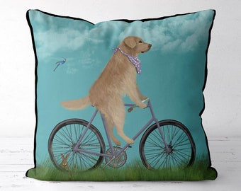 Golden Retriever Pillow Cover, Dog on Bicycle, Golden Retriever gift idea, Golden Retriever cushion cover, dog lover gift for dog owner