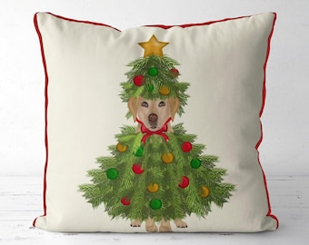 Almohada navideña para perro Labrador amarillo vestido con disfraz de árbol de Navidad, divertida funda de cojín festiva para perro, compra de regalo de decoración navideña