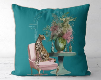 Chic Leopard Cushion Cover on Teal : Elegant Pink & Green Salon Decor, Leopard Cushion Cover - Upmarket and Unusual Designer Accent Piece