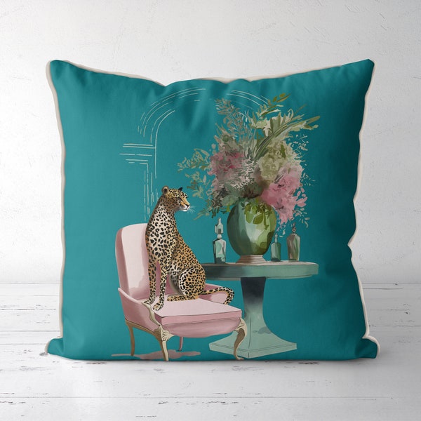 Chic Leopard Cushion Cover on Teal : Elegant Pink & Green Salon Decor, Leopard Cushion Cover - Upmarket and Unusual Designer Accent Piece