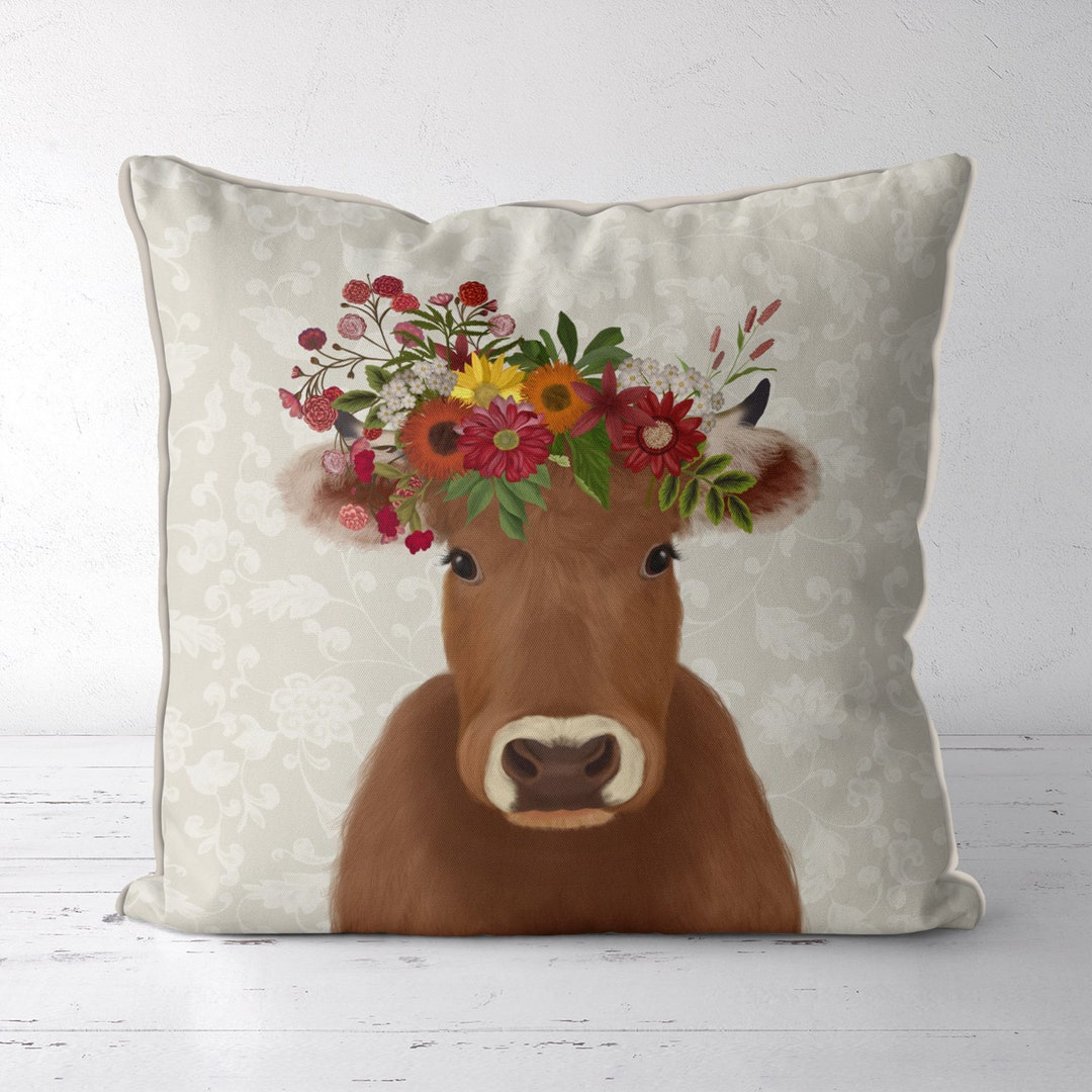 Brown Cow Pillow Cover, Bohemian Cow Cushion, Boho Farmhouse Pillow
