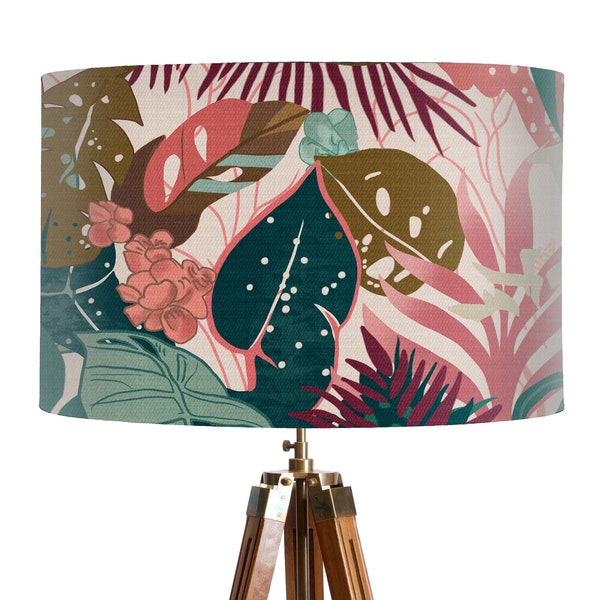 Colourful botanical lampshade, abstract tropical design handmade in UK floral pattern Designer Home Decor for table or ceiling various sizes