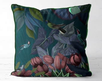 Hummingbird pillow cover, dark tropical cushion, botanical pillow, dark green pillow, bird cushions, bird toss pillow, tropical pillow cover