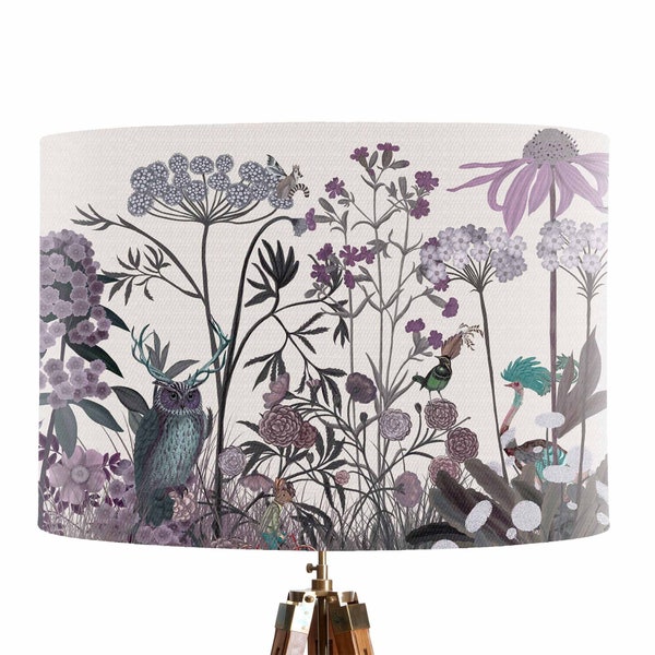 Pink Floral lampshade - Wildflower Blush - Fabric lamp shade Forest animals pink and lilac purple Bedroom lamp shade large lampshade drum