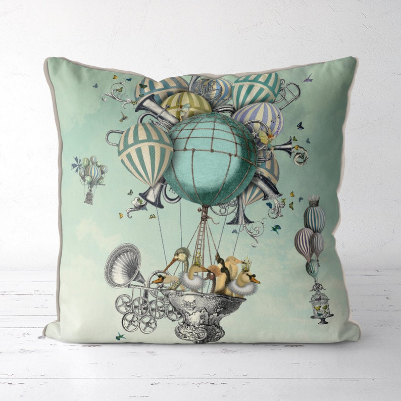 Accent pillow decorative pillow Aves Piger living room decor Home decor throw pillow Hot air balloon pillow whimsical decor Bird Pillow image 1