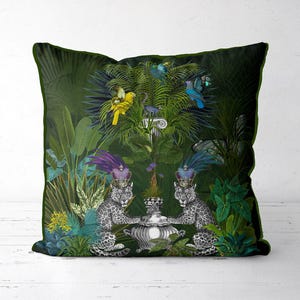 Tropical Decor Blue Lemur leopard print jungle design palm plant design parrot pillow tropical pillow green accent pillow designer pillow uk