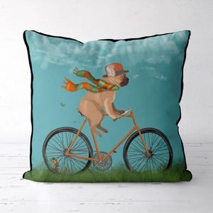 Frenchie on Bicycle, French bulldog Pillow Cover, French Bulldog on Bike Cushion Cover,  Unusual Housewarming gift, Frenchie Owner gift idea