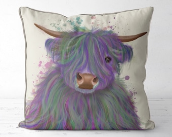 Purple and Green Highland Cow - Modern Farmhouse decor farm gifts cow cushion cover farm animal purple pillow green scottish highland coo