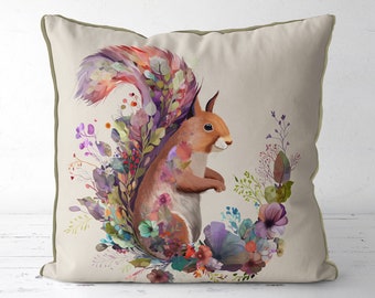 Cute Squirrel Pillow Cover, Woodland Cushion Cover floral squirrel illustration, cute nursery throw pillow, colourful country home decor