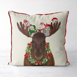 Moose Christmas pillow cover - Moose and Owls - Christmas cushion cabin decor moose gift moose cushion woodland animal accent pillow