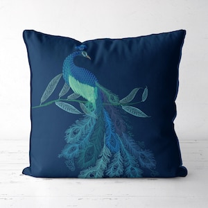 Peacock Pillow Cover, Doodle Tail Peacock Cushion in Blue Green Teal, Designer Botanical Decor