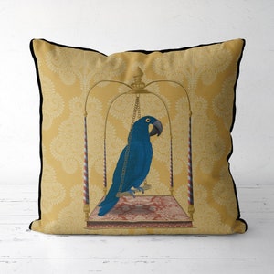 Blue Parrot In cage on Gold Pillow Cover, Parrot cushion cover, tropical bird throw pillow, Exotic Bird Design, Victorian Vintage Style