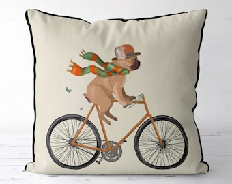 Französische Bulldogge Kissenhülle, Französische Bulldogge, Frenchie auf Fahrrad, Hund auf Fahrrad Kissenbezug, Ausgefallenes Geschenk für Hundeliebhaber