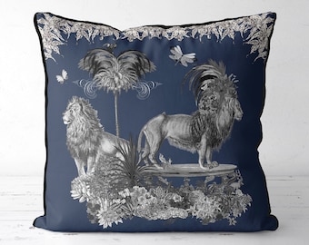 Lion Pillow navy blue pillow - Livoris Feritas Lion Blue - navy blue decor designer pillow cover jungle tropical decor tropical pillow