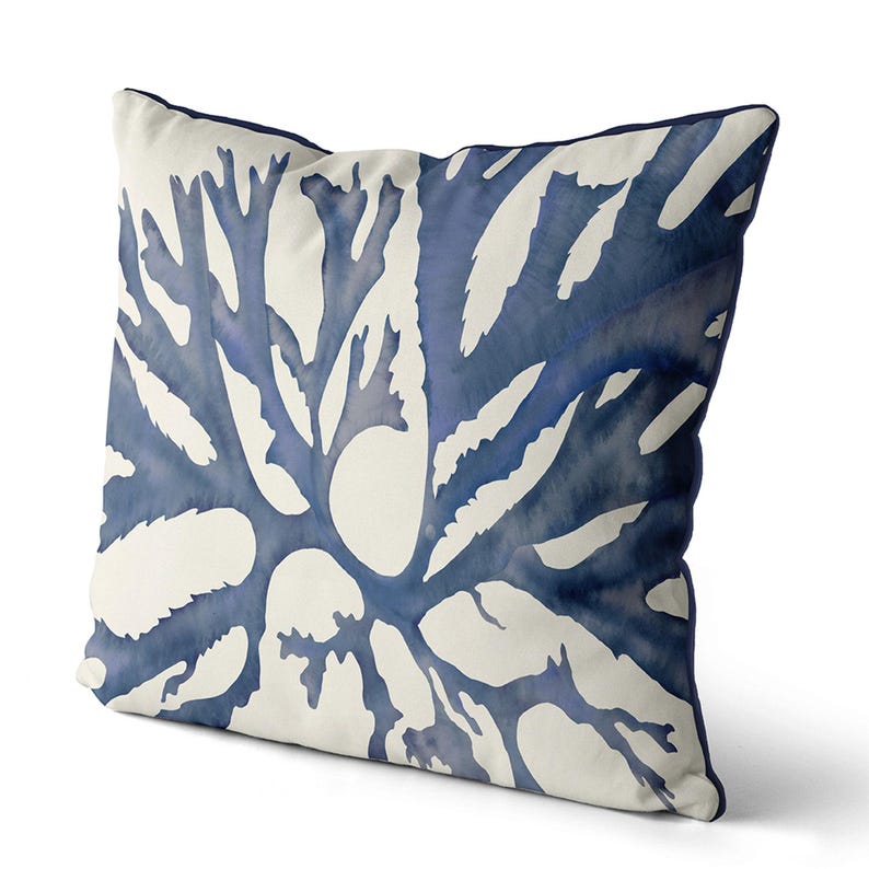 Blue coral coastal pillow cover, beach house cushion cover, designer home decor beach cottage decor, nautical pillow, handmade throw pillow image 2