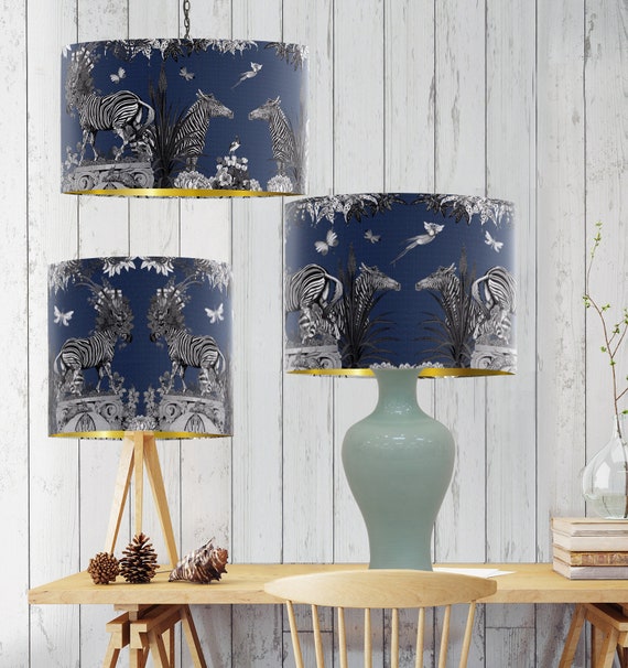 Blue Lampshade Zebra Fabric Lamp Shade Drum Gold Blue Lampshade Zebra Fabric Lamp Shade, Coastal Lamp Shades Uk