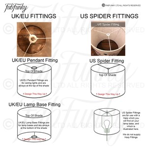 May include: Diagram showing different lamp fitting types for UK/EU and US. The image shows a UK/EU pendant fitting, a UK/EU lamp base fitting, and a US spider fitting. The text in the image reads "UK/EU Fittings", "US Spider Fittings", "Top of Shade", "Design This Way Up", "UK/EU Pendant Fittings are for ceiling lights and are always at the top of the shade", "UK/EU Lamp Base Fittings are for lamp bases and are always at the bottom of the shade", "US Spider Fittings are for use with a Harp which you will find on your lamp base, and which is illustrated here. We do not supply Harp Fittings."