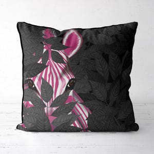 Zebra Pillow Cover, Pink and Black Cushion Cover with Botanical Jungle Safari Tropical Design for Unique Interiors”