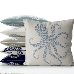 Coastal Decor, Octopus Pillow Cover, Blue Grey on Seafog Nautical cushion cover, Boho Beach House Coastal Living, Under the Sea Themed Throw