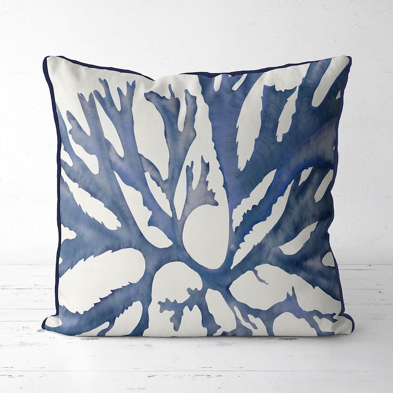 Blue coral coastal pillow cover, beach house cushion cover, designer home decor beach cottage decor, nautical pillow, handmade throw pillow image 1