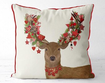 Christmas pillow cover - Homespun Wreath - Christmas stag Christmas deer Xmas cushion cover woodland animal decor Christmas decoration stag