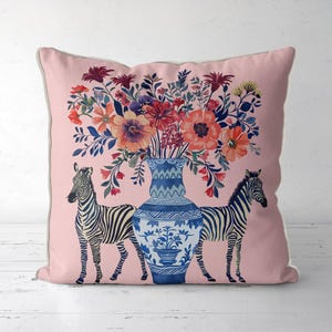 Zebra throw pillow cover, Blush Pink Zebra print cushion cover, Jungle Throw toss pillow, Chinoiserie Floral Animal couch Safari pillow