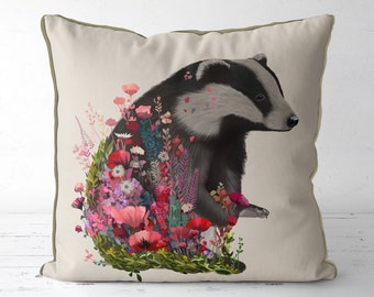 Badger Pillow Cover, Woodland Cushion Cover with badger illustration, throw pillow for country house style, colourful floral accent pillow