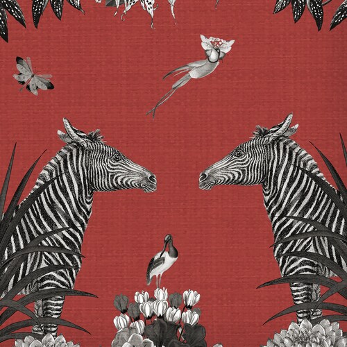 Red shops Lampshade Zebra design - Livoris Feritas - Unique designer fabric lamp shade drum lampshade gold lined tropical decor red and black gray
