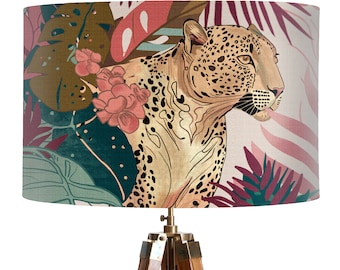 Jungle Lampshade with Leopard design, Tropical lampshade in bold modern abstract fabric with safari botanical design for table or ceiling