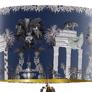 Navy Blue Lampshade Tropical Leopard fabric lamp, metallic gold lining designer fabric.   Statement jungle design lampshade handmade